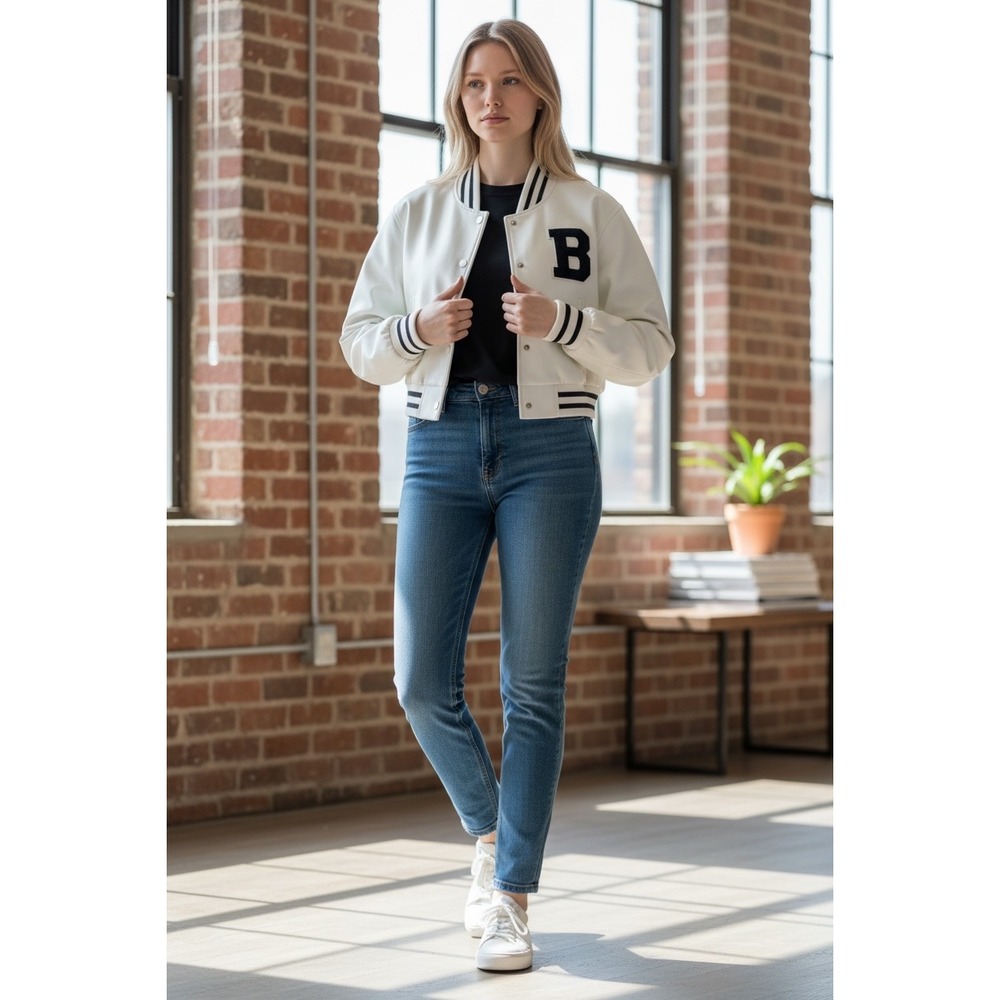 Daisy Small Faux Leather Cropped Varsity Jacket Women's Sports White New